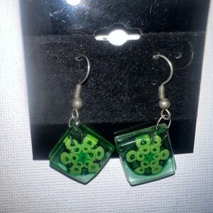 Handmade Green Glass Dangle Earrings‎ Unique Bubble Design